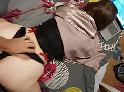 This milf in satin thong and heels is sucking and rimming before getting fucked.