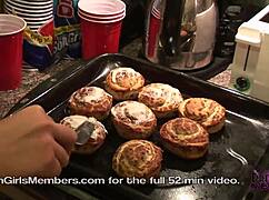 Cooking naked in kitchen with Raquel showing off huge natural tits