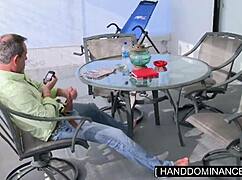 Blondie jerks off her step-dad's big cock