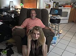 she's in lingerie getting a thighjob fuck ending in cumshot on panties