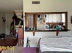 Asian girlfriend prepares for work with friend in amateur couple setting