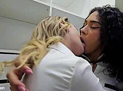 innocent blonde and latina share a provocative kiss in brazilian tale