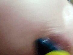 Slut stretches her asshole with toys and dildo, pushing limits intensely.