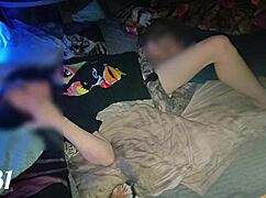 couple has sex on squeaky illuminated hotel bed, moaning during orgasm and cunilingus