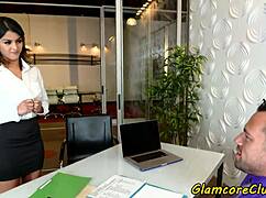 i'm pounding this pornstar's shaved pussy hard in missionary position in the office