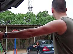 Fayna Vergara fucks in pantyhose, heels, and lingerie outdoors.