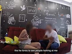 Hot Wife Recognized By Delivery Man, Lets Him Suck Her Big Tits On Living Room Sofa