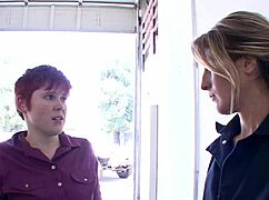 fixing up a redhead lesbian girl in a car service by a blondie handywoman
