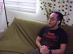 Slut licks cock, swallows cum in facial.