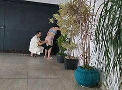 Risky Garage Sex with Cute Neighbor While Hubby Showers