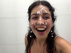 Sloppy Cum on Face in Public Locker Room and Cumwalk at Waterfall
