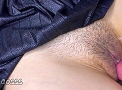 Teasing hairy pussy of stepdaughter with close-up action and finishing inside.