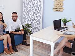 The lesbian boss finds us and makes us prove it in the office