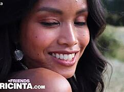 horny asian slut putri cinta playing with her big tits and nipples in the golden fields, her old pussy wet