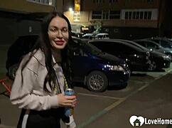 Nerdy babe sucking dick in the parking lot 😏