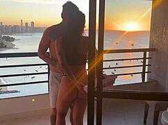 Beautiful babe with fat ass and small waist fucks in cowgirl at sunset