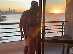 Beautiful babe with fat ass and small waist fucks in cowgirl at sunset