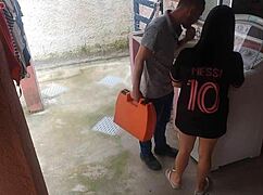 Married housewife pays washing machine technician with her big ass while husband is out.