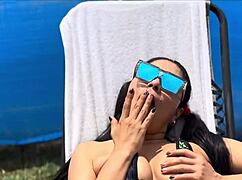 hey, outdoor pool masturbation showing my pussy and tits, horny for your cock and cum