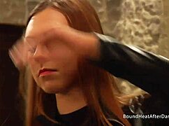 Two Bound Lesbian Slaves Kiss While Mistress Touches in Wild Scene