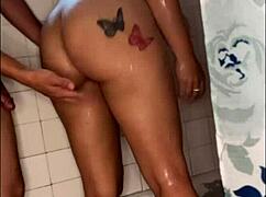 natural tits amateur gags on neighbor's big cock in shower