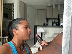 Amateur babe licks and swallows huge black cock balls in pantyhose!