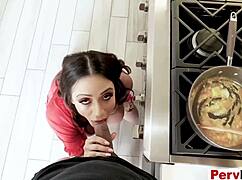 Busty stepmom demands intense blowjob from POV with big tits.