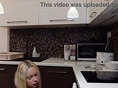 Petite Blonde Flashes Tight Pussy In Kitchen