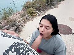 brunette teen SUCKS BIG COCKS in homemade scene