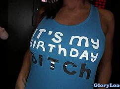 babe strokes cock at gloryhole, gets facialized with big tits close up