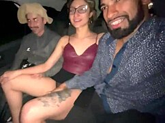 Blonde girl gets wild with two guys in the car, her tight pussy and small tits on display