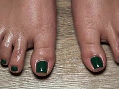 Close-Up View Of Green-Nailed Toes For Your Fetish