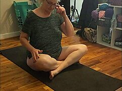 hot milf stretches big ass and pussy in early morning yoga, teasing with every pose and bend, showing off her curves in tight leggings