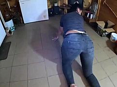 Face-fucking and cum play in tight jeans