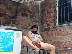 Slutty neighbor exposes wet pussy under dress in yard