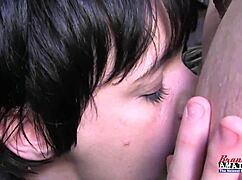 Petite brunette cora fills her pussy with a dildo and sucks a hard cock