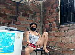 Slutty neighbor exposes wet pussy under dress in yard