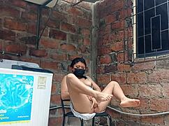 Slutty neighbor exposes wet pussy under dress in yard