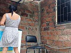 Slutty neighbor exposes wet pussy under dress in yard