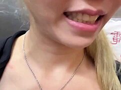 Asian girl feels nervous masturbating in elevator when someone enters