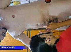 at the gym, i give my stepfather a great blowjob while the trainer watches us