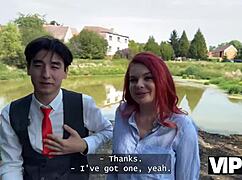 vip4k sexy redhead miss olivia showed her red lingerie and fucked in public in front of her bf