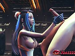 Nessa Pokemon 3D Hentai Animation - Big Tits Girl in Sexy Bodysuit and Blue Latex Gloves Teases Big Dick.