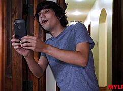 a lucky boy visits his friend but catches his step-mom in the bathroom shower