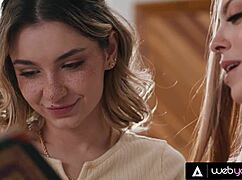 Petite blonde Demi Hawks and redhead bestie Kait try explicit lesbian sex during study session.