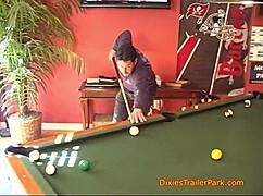 Step sister acts as pool hall slut in outdoor blowbang with cumshots.