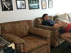 Blonde milf bends over for anal threesome behind cameras