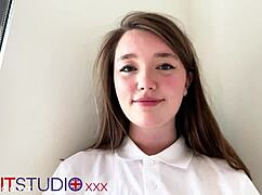 hey, british teen sucks cock in a polo shirt with big natural tits.