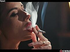 redhead smoking cigarette while giving hot blowjob