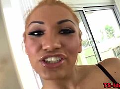 The shemale casually swallows the cum after deepthroat